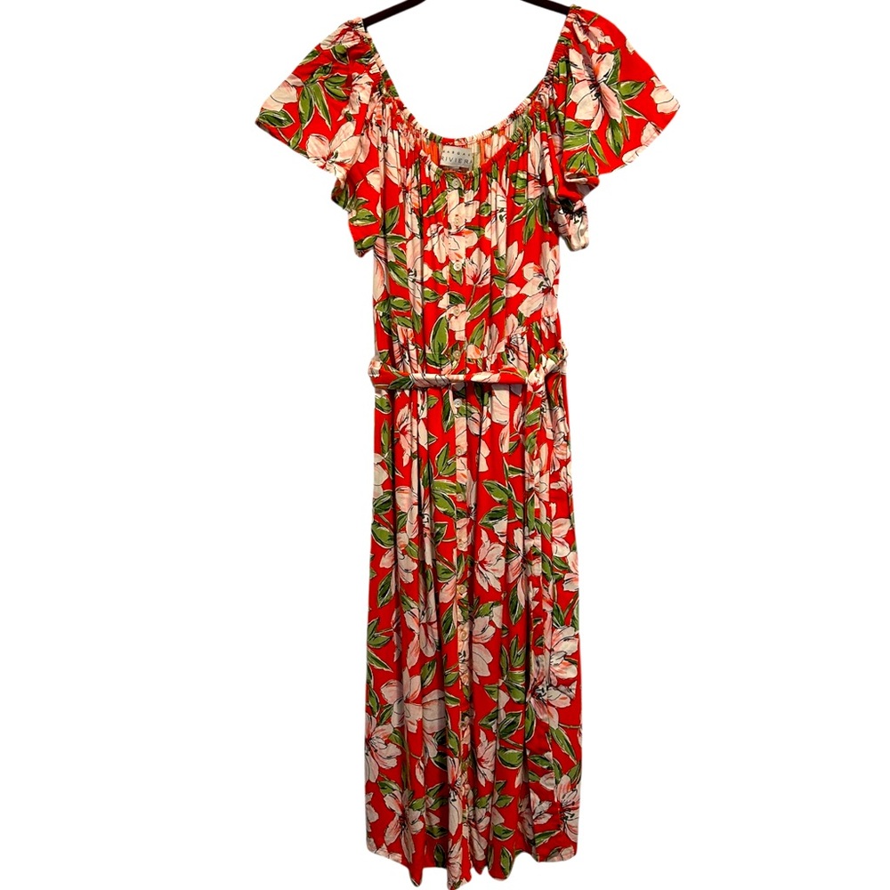 Margaux Riviera Midi Floral Flutter Tiered Sleeve Dress Large